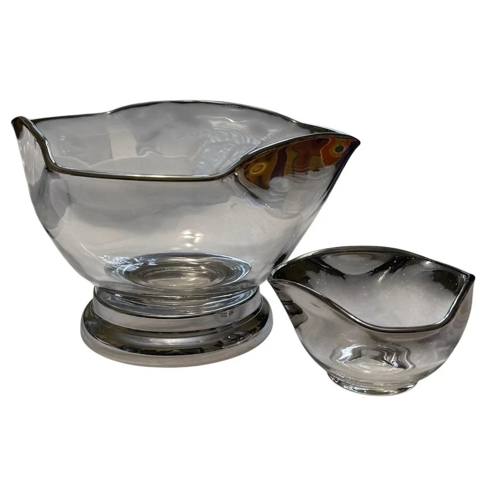Vintage MCM Silver Fade Smoke Glass Serving Bowls Set of 2 Pedestal Ombre